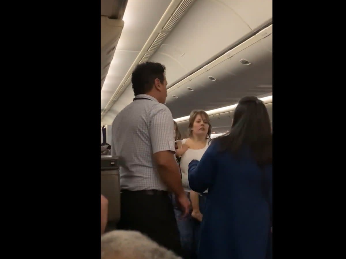 Three people were hospitalised after the altercation on a Chicago-bound flight   (Screengrab/@PeterKondelis)