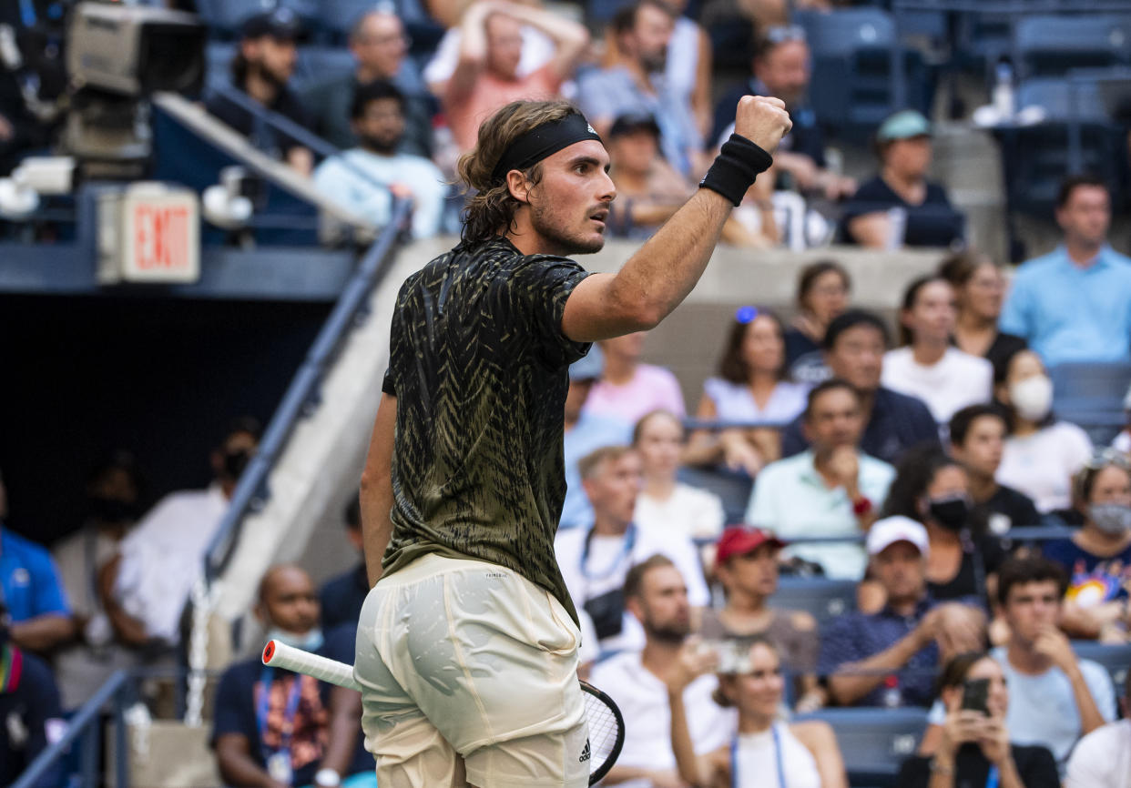 NEW YORK, NEW YORK - AUGUST 30: Stefanos Tsitsipas of Greece celebrates against Andy Murray of Great Britain in the first round of the men's singles at the US Open 2021 at the USTA Billie Jean King National Tennis Center on August 30, 2021 in New York City. (Photo by TPN/Getty Images)