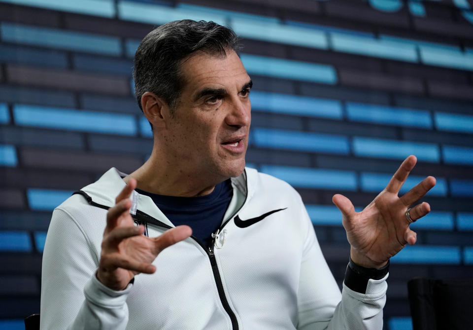 Villanova head coach Jay Wright answers questions during an interview before the college basketball championship game. (AP)