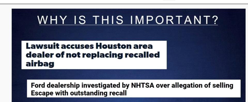 Ford made presentations region by region around the country in 2021 and 2022, explaining to dealerships the importance of repairing defective air bags properly. A company review indicated that repairs had been done improperly or not at all.