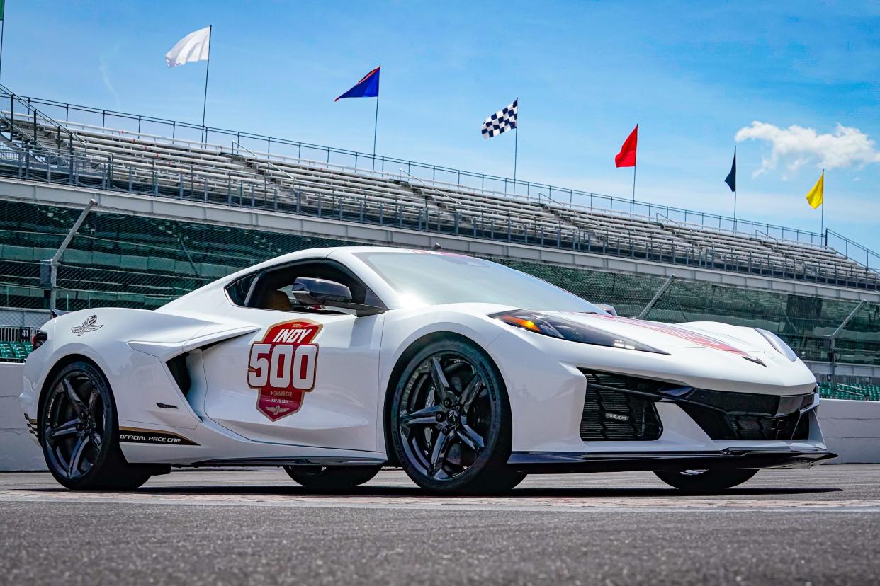 The 2024 Pace Car for the 108th Running of the Indianapolis 500 presented by Gainbridge is unveiled by Indianapolis Motor Speedway President J. Doug Boles and and Alyssa Haba from Chevrolet Motorsports on Wednesday, May 8, 2024, at IMS. This years Pace Car, the 2024 Chevrolet Corvette E-Ray 3LZ coupe is the fastest Corvette ever produced by Chevrolet.