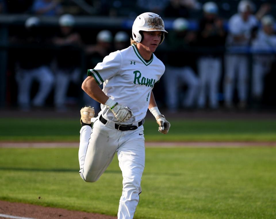 Parkside's Storm Hartman (3) runs to first against Colonel Richardson Wednesday, May 10, 2023, at Perdue Stadium in Salisbury, Maryland. Parkside defeated Colonel Richardson 6-5 to win the Bayside Championship.
