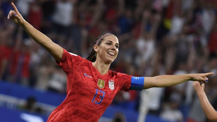 TOPSHOT - United States' forward Alex Morgan celebrates after scoring a goal during the France 2019 Women's World Cup semi-final football match between England and USA, on July 2, 2019, at the Lyon Satdium in Decines-Charpieu, central-eastern France. (Photo by Philippe DESMAZES / AFP)PHILIPPE DESMAZES/AFP/Getty Images ** OUTS - ELSENT, FPG, CM - OUTS * NM, PH, VA if sourced by CT, LA or MoD **