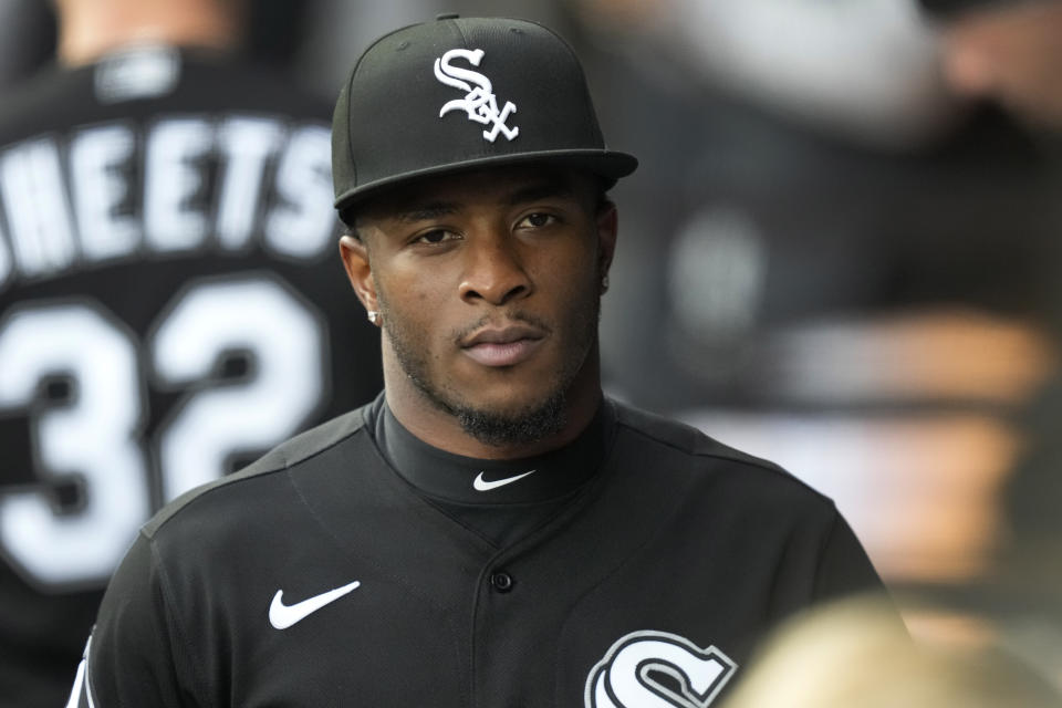 Chicago White Sox's Tim Anderson walks through the dugout as he returns to the starting line up in a baseball game against the Minnesota Twins on Tuesday, May 2, 2023, in Chicago. Anderson was placed on the injured list on April 11 with a sprained left knee suffered on April 10 at Minnesota. (AP Photo/Charles Rex Arbogast)