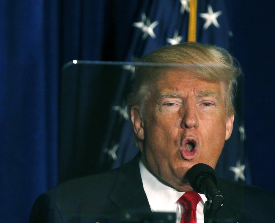 Republican presidential candidate Donald Trump is seen through a teleprompter as he delivers a foreign policy speech at the Mayflower Hotel in Washington, D.C.,&nbsp;April 27, 2016.