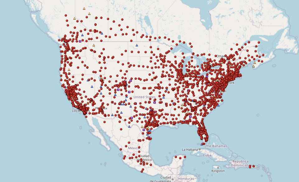 map of north america showing tesla supercharger network as of may 2024