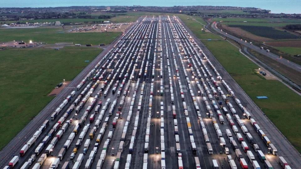 Lorries parked up at Manston Airport in Kent on Tuesday night