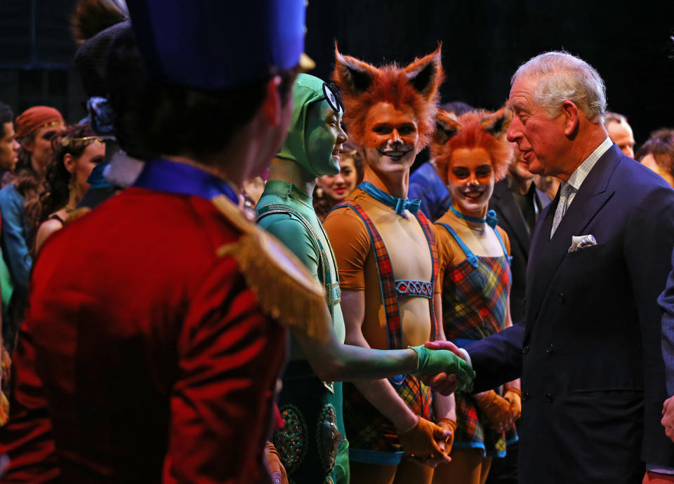 LONDON, ENGLAND - FEBRUARY 12: Prince Charles, Prince of Wales meets cast members as he attends the world premiere of 'The Cunning Little Vixen', in honour of his 70th birthday at the Royal Opera House on February 12, 2019 in London,England. (Photo by Gareth Fuller - WPA Pool/Getty Images)