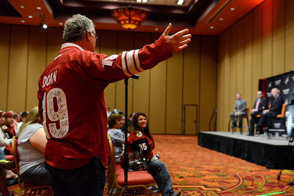 GLENDALE, AZ - MARCH 26: A fan asks a question to General Manager Don Maloney and President and CEO Anthony LeBlanc of the Arizona Coyotes during a Town Hall Meeting prior to a game against the Philadelphia Flyers at Gila River Arena on March 26, 2016 in Glendale, Arizona. (Photo by Norm Hall/NHLI via Getty Images)