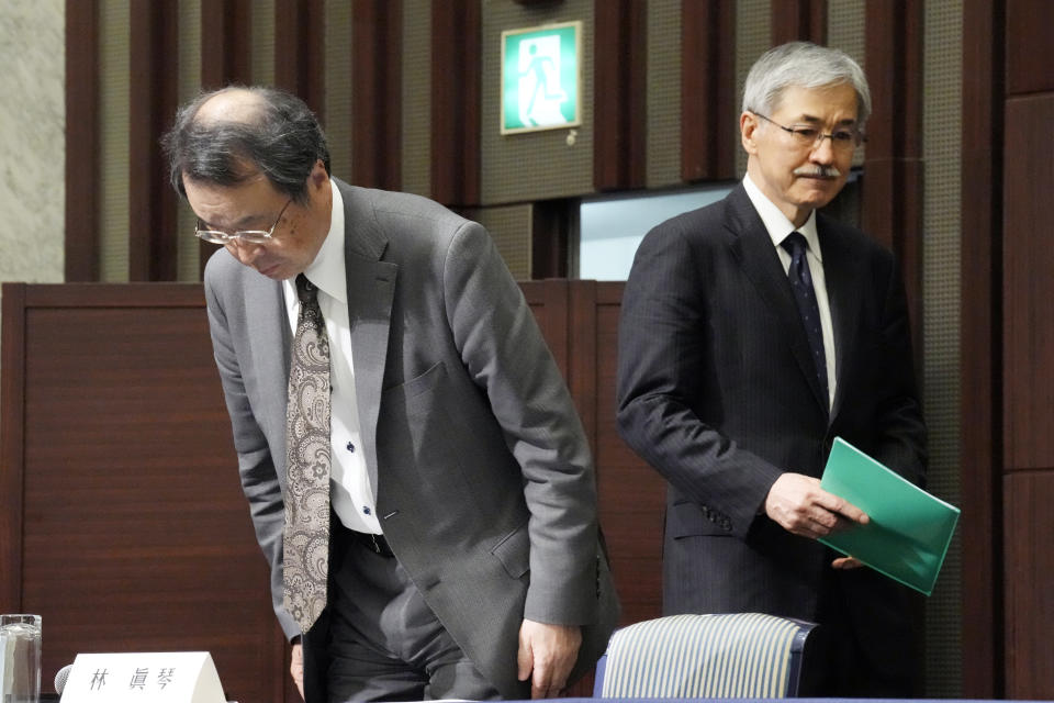 Lawyer and former Prosecutor General Makoto Hayashi, left, and Nozomi Asukai, psychiatrist who practices support for victims of sexual abuse, walk into the venue of a news conference Monday, June 12, 2023, in Tokyo. An investigation by a major Japanese talent agency into sexual abuse allegations against its founder won’t address monetary or criminality questions but rather aims to prevent such cases in the future, the lead investigator said Monday. (AP Photo/Eugene Hoshiko)