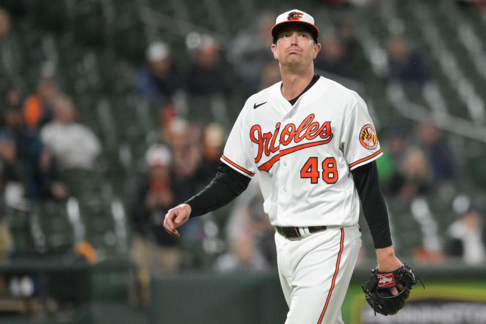 Baltimore Orioles starting pitcher Kyle Gibson (48) reacts after being pulled from the game against the Detroit Tigers at Oriole Park at Camden Yards in Baltimore on Saturday, April 22, 2023.