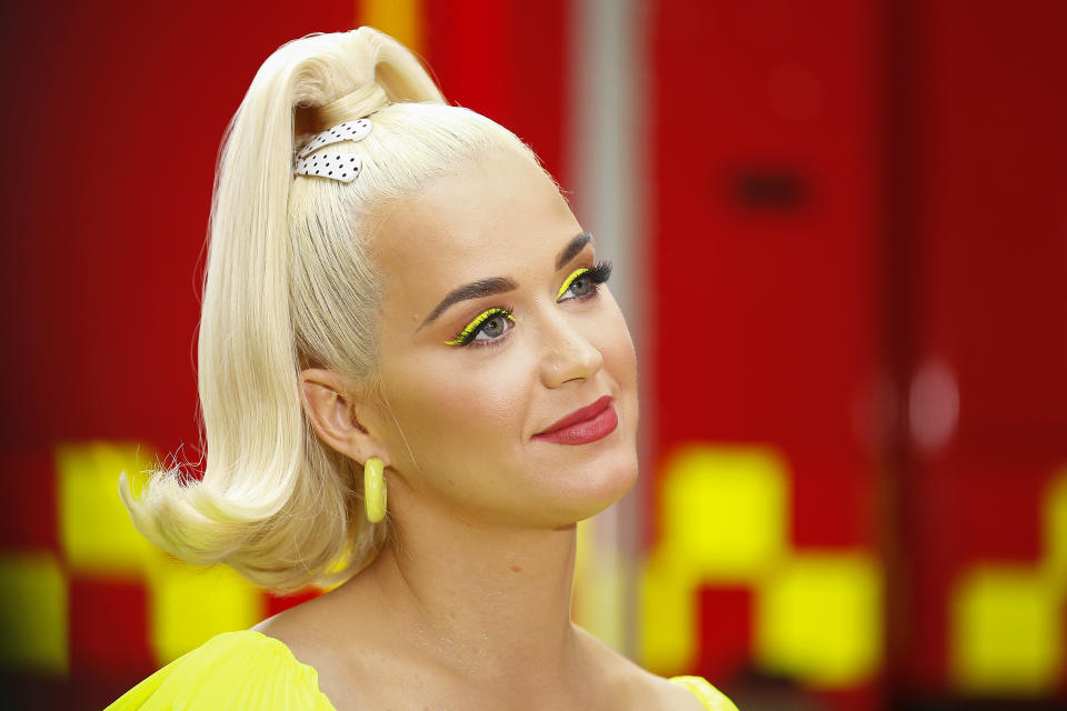 Katy Perry speaks to media on March 11, 2020 in Bright, Australia at the Fight On concert 
