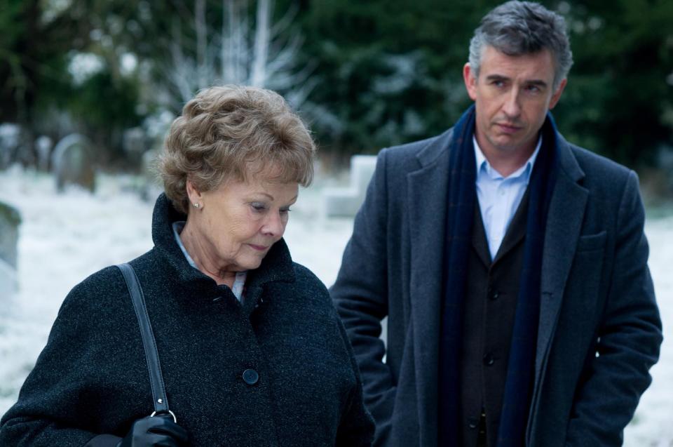 This image released by The Weinstein Company shows Judi Dench, left, and Steve Coogan in a scene from "Philomena." The British comic and Oscar-winning actress co-star in the film opening Friday, Nov. 22, 2013, which explores the benefits and costs of faith through the true story of Philomena Lee. (AP Photo/The Weinstein Company, Alex Bailey)