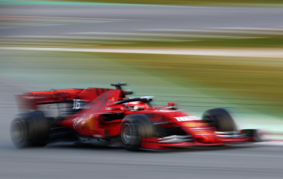 Ferrari driver Charles Leclerq of Monaco steers his car during a Formula One pre-season testing session at the Barcelona Catalunya racetrack in Montmelo, outside Barcelona, Spain, Tuesday, Feb.19, 2019. (AP Photo/Manu Fernandez)