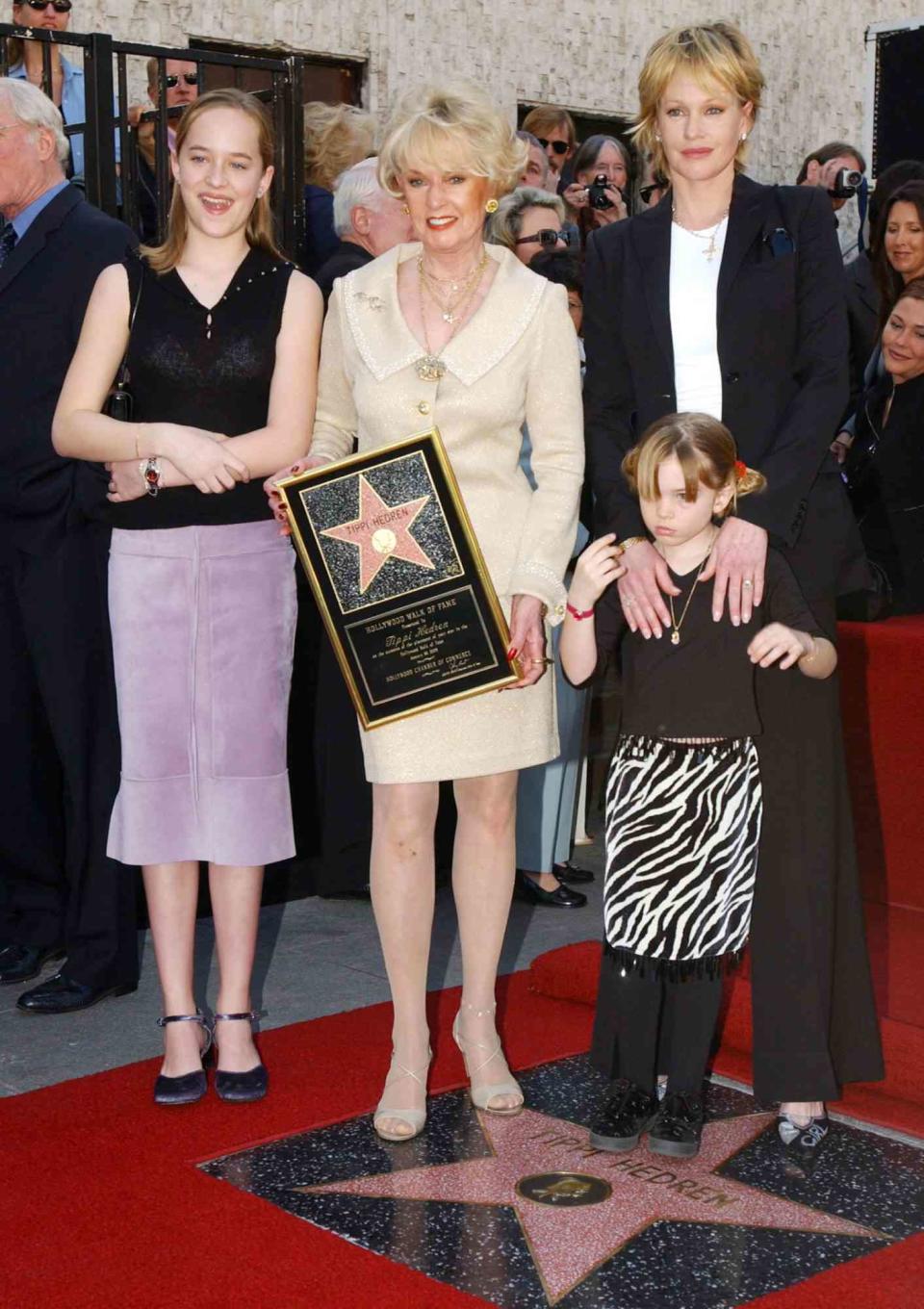 <p>Hedren was honored for her work in film with a star on the Hollywood Walk of Fame in 2003. There to support her on the special day was daughter Melanie Griffith, as well as her granddaughters Dakota Johnson and Stella Banderas. </p>