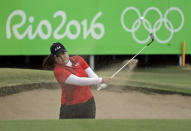 <p>Inbee Park of South Korea, hits from the bunker on the 18th hole during the final round of the women’s golf event at the 2016 Summer Olympics in Rio de Janeiro, Brazil, Saturday, Aug. 20, 2016. Park won the gold medal. (AP Photo/Chris Carlson) </p>