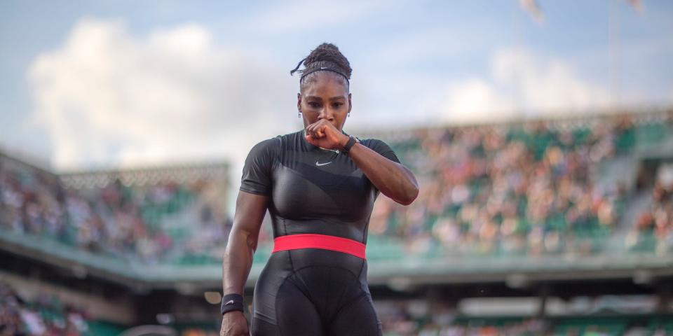 Serena Williams looks down during the 2018 French Open.