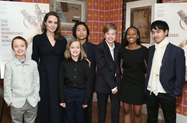 NEW YORK, NEW YORK – FEBRUARY 25: Angelina Jolie with children Knox Leon Jolie-Pitt, Vivienne Marcheline Jolie-Pitt, Pax Thien Jolie-Pitt, Shiloh Nouvel Jolie-Pitt, Zahara Marley Jolie-Pitt and Maddox Chivan Jolie-Pitt attend “The Boy Who Harnessed The Wind” Special Screening at Crosby Street Hotel on February 25, 2019 in New York City. (Photo by Monica Schipper/Getty Images for Netflix)