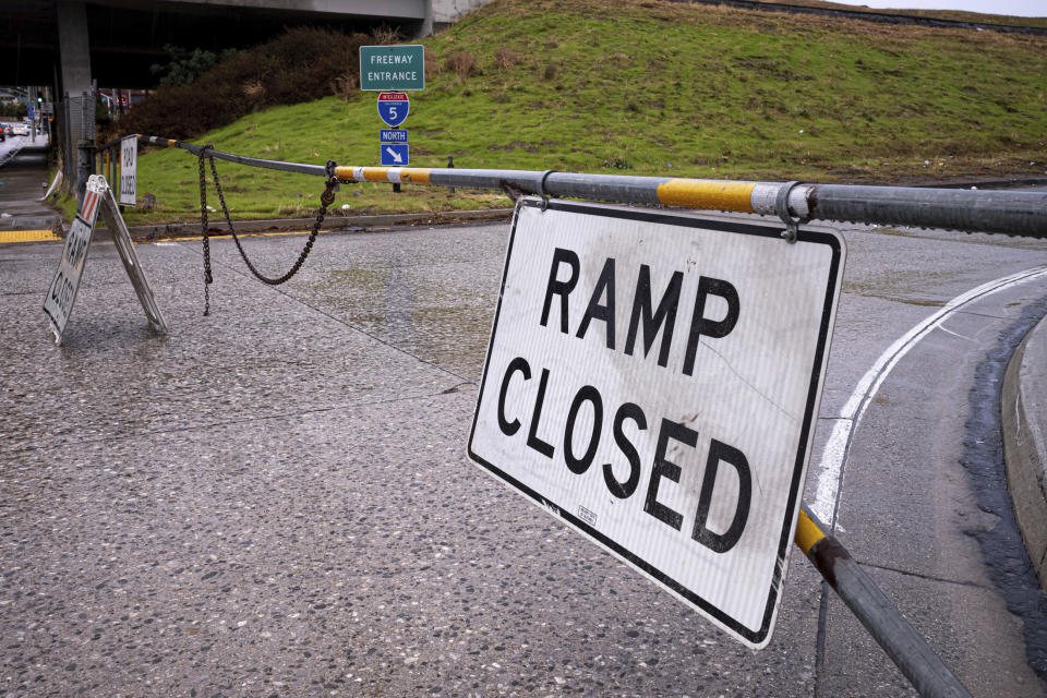 All I-5 freeway ramps were closed in Castaic, Calif., as snow on the Grapevine made the road impossible to pass Thursday, December 26, 2019. The CHP had no estimate as to when the freeway would re-open. (David Crane/The Orange County Register via AP)