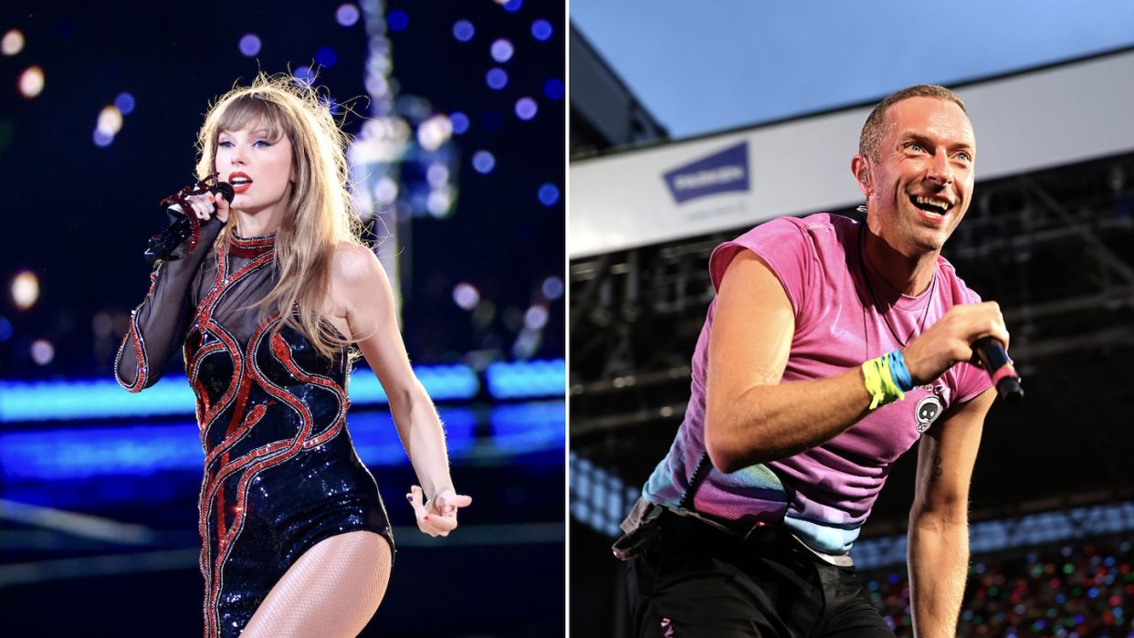 Taylor Swift (left) and Chris Martin from Coldplay (right) in concert (Photos: Buda Mendes/TAS23/Getty Images and Ole Jensen/Getty Images)
