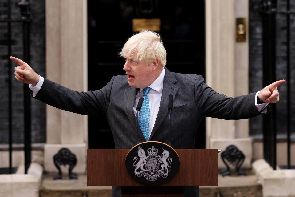 LONDON, ENGLAND - SEPTEMBER 06: British Prime Minister Boris Johnson delivers a farewell address before his official resignation at Downing Street on September 6, 2022 in London, England. British Prime Minister Boris Johnson is stepping down following the election of Liz Truss, the former foreign secretary, as Conservative Party leader. (Photo by Dan Kitwood/Getty Images)