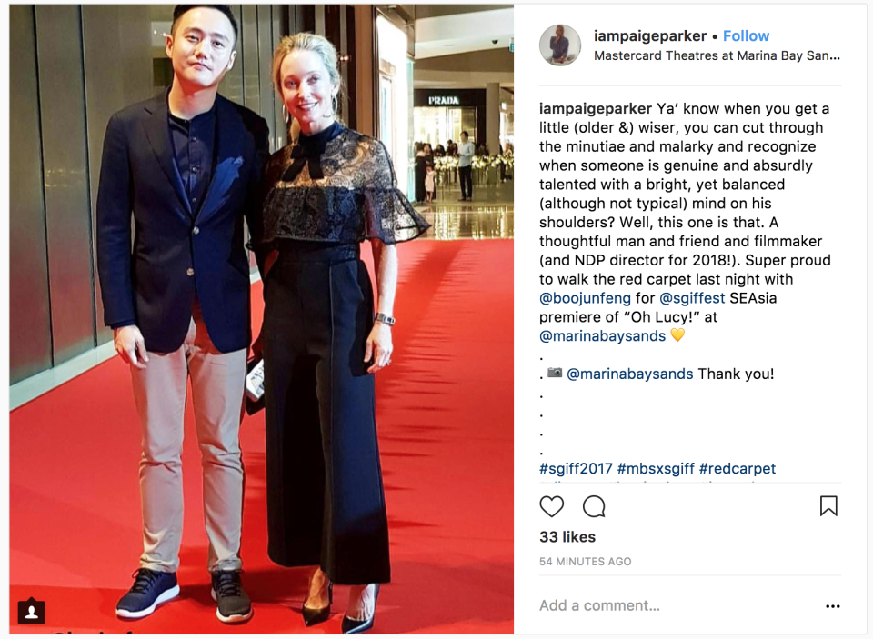 Singapore socialite Paige Parker posted a photo of her and Boo Junfeng at the Singapore International Film Festival, announcing that Boo will be the creative director for NDP 2018. (Photo: Paige Parker/Instagram)