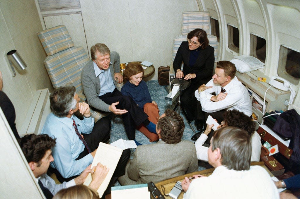 Jimmy Carter is interviewed on Air Force One.