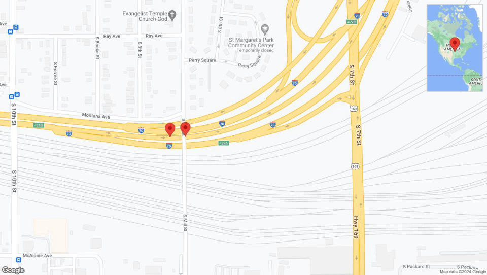 A detailed map that shows the affected road due to 'Broken down vehicle on eastbound I-670 East in Kansas City' on January 3rd at 6:39 p.m.