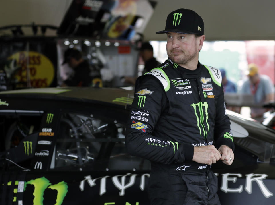 Kurt Busch leaves the garage after practice for the NASCAR Daytona 500 auto race Friday, Feb. 15, 2019, at Daytona International Speedway in Daytona Beach, Fla. (AP Photo/Chris O'Meara)