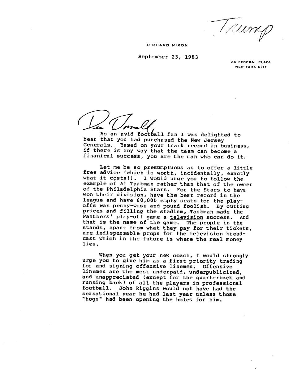 This image provided by the Richard Nixon Foundation shows a copy of correspondence between Donald Trump and Richard Nixon. The letters between once and future presidents, revealed for the first time in an exhibit that opens Thursday, Sept. 24, 2020, at the Richard Nixon Presidential Library & Museum, show the two men engaged in something of an exercise in mutual affirmation. The museum shared the letters exclusively with The Associated Press ahead of the exhibit’s opening. (Richard Nixon Foundation via AP)