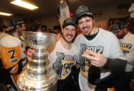 <p>Pittsburgh Penguins center Sidney Crosby (left) and center Evgeni Malkin (right) celebrate with the Stanley Cup after defeating the Nashville Predators in Game 6 of the 2017 Stanley Cup Final at Bridgestone Arena. Mandatory Credit: Dave Sandford/NHLI/Pool Photo via USA TODAY Sports </p>