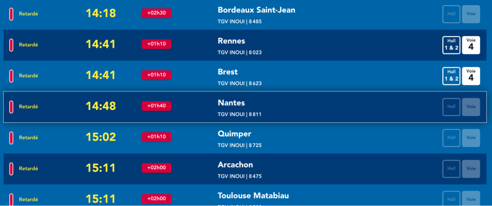 Certains des retards constatés au départ de la gare Montparnasse vers 16 heures, ce dimanche 24 septembre. 