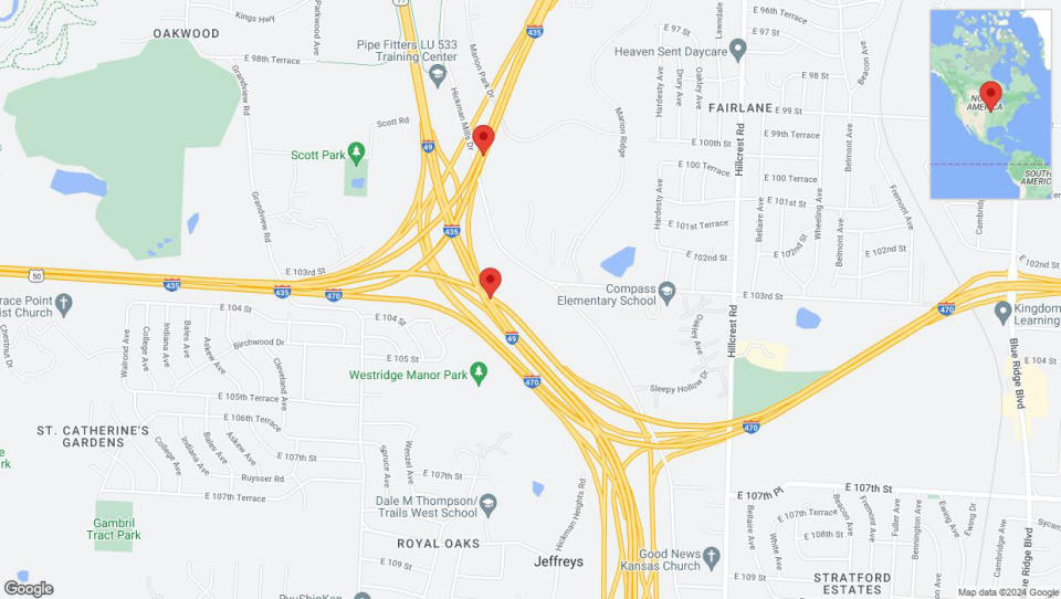 A detailed map showing the affected road due to 'Kansas City: US Highway 71 temporarily closed' on May 27 at 9:14 PM