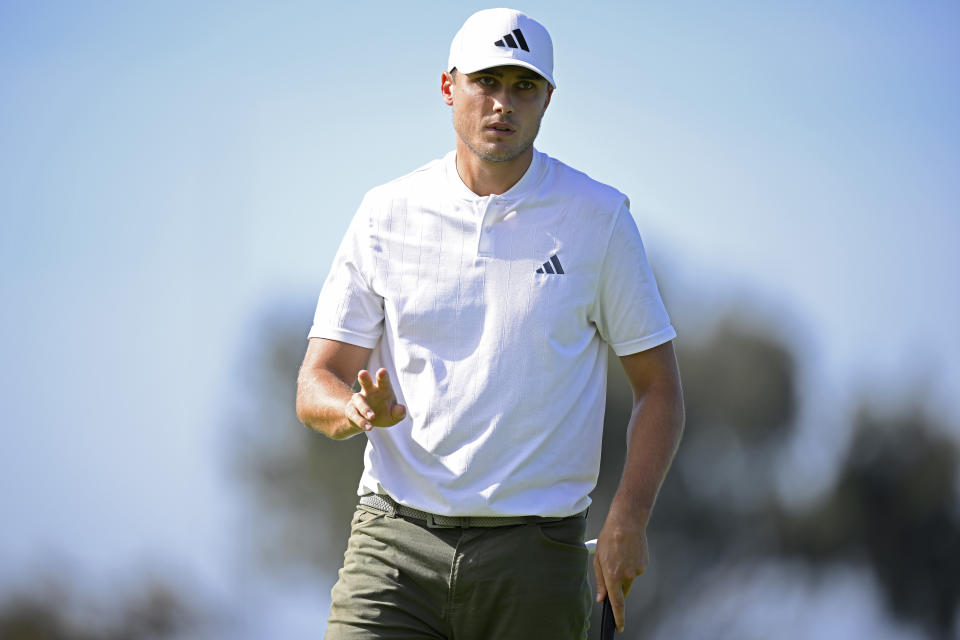 Ludvig Aberg of Sweden reacts after making birdie on the 13th green during the third round of the Farmers Insurance Open at Torrey Pines South Course on January 26, 2024 in La Jolla, California. (Photo by Orlando Ramirez/Getty Images)