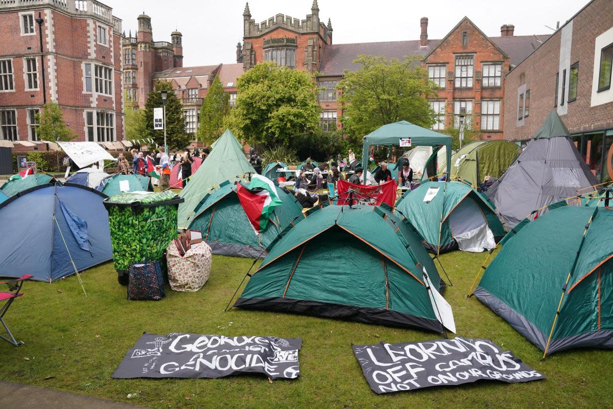 Students at an encampment on the grounds of Newcastle University, protesting against the war in Gaza. <i>(Image: PA)</i>