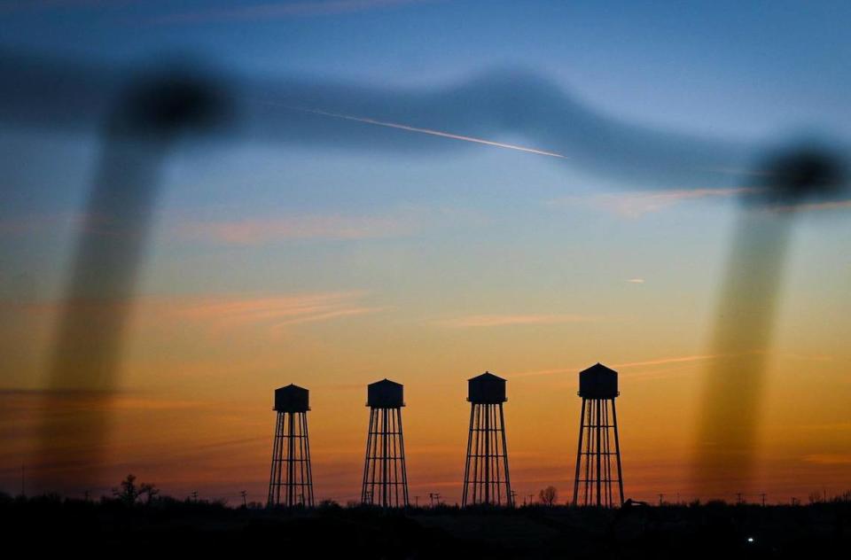 2023 file photo. Four iconic water towers remain standing at the site of the former Sunflower Army Ammunition Plant in De Soto, Kansas, seen on Jan. 23, 2023. Panasonic Energy Co., which broke ground in November 2022, is building a new lithium-ion battery manufacturing facility on the site. The facility will build batteries for electric vehicles.