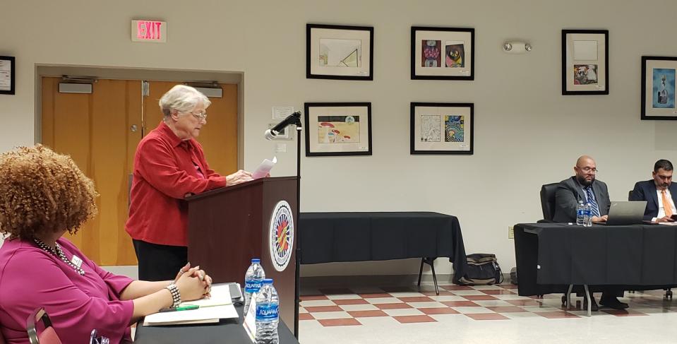 Roberta Waddle speaks against the review of books in Cumberland County Schools, during the public forum for the country Board of Education on Tuesday, Feb. 14, 2023. The meeting was held at the Educational Resource Center on Elementary Drive in Fayetteville, NC.