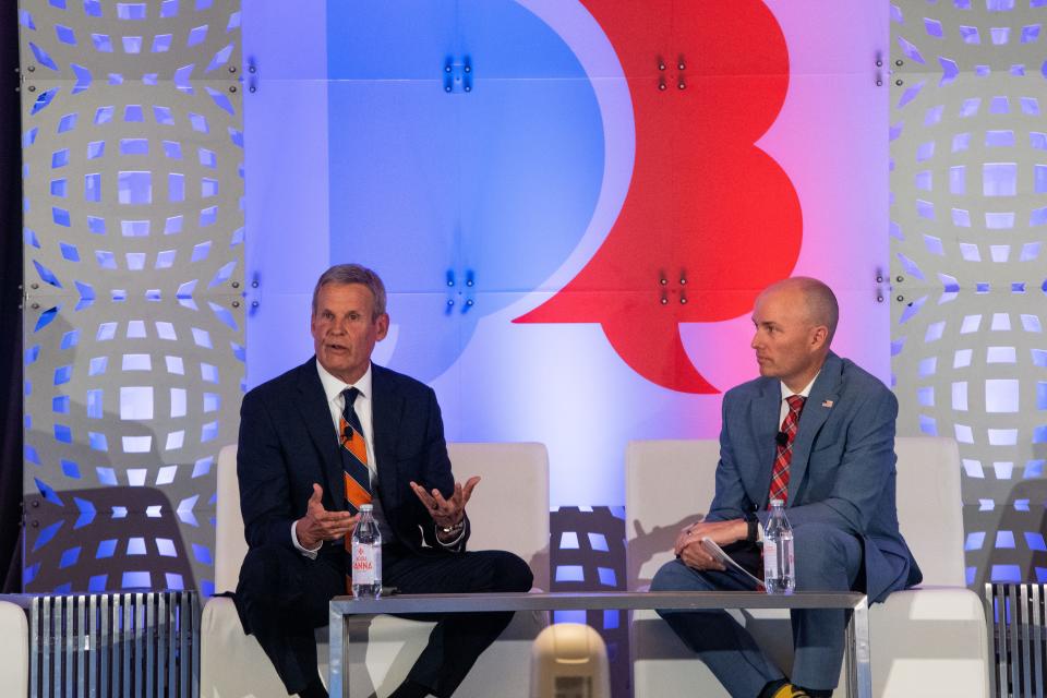 Gov. Bill Lee and Utah Gov. Spencer Cox participate in a roundtable discussion for the Disagree Better Initiative at the Omni Nashville Hotel in Nashville, Tenn., for the National Governors Association, Tuesday, May 14, 2024.