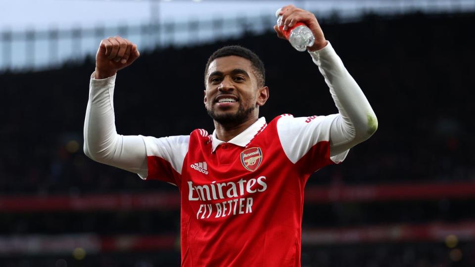 Reiss Nelson of Arsenal celebrates victory following the Premier League match between Arsenal FC and AFC Bournemouth at Emirates Stadium on March 04, 2023 (Getty Images)