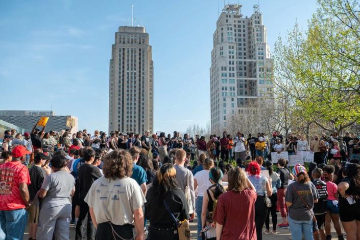 Community members gathered to attend a rally for Ralph Yarl in front of the Charles E. Whittaker U.S. Courthouse on Tuesday, April 18, 2023, in Kansas City.