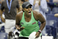 Taylor Townsend, of the United States, reacts after winning the second set against Bianca Andreescu, of Canada, during the fourth round of the U.S. Open tennis tournament, Monday, Sept. 2, 2019, in New York. (AP Photo/Seth Wenig)