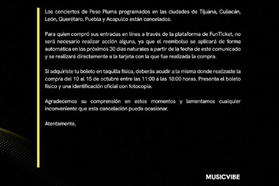 Comunicado sobre la cancelación de los conciertos. (Imagen: Instagram Music Vibe MX)
