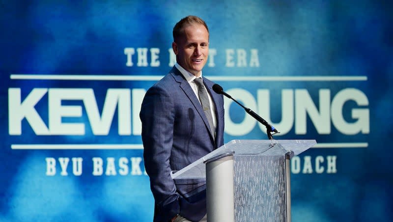 BYU’s new men’s head basketball coach Kevin Young makes a few remarks during an announcement event in the Marriott Center in Provo on Wednesday, April 17, 2024.