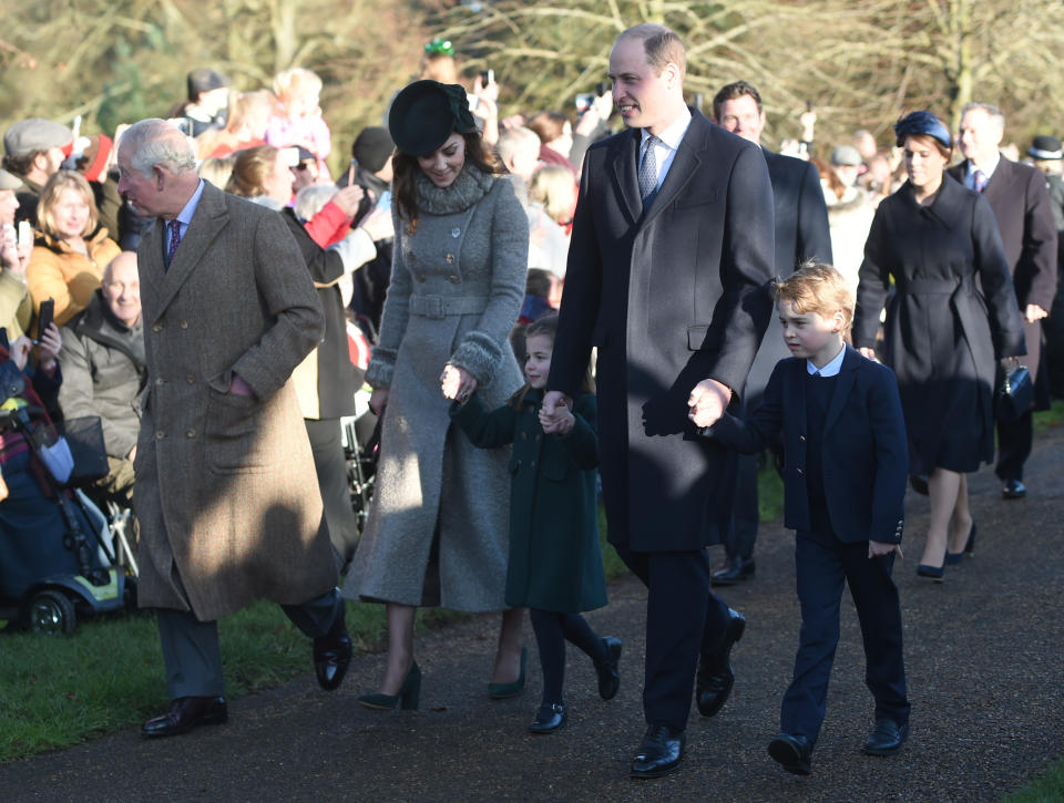 The Prince of Wales with the Duke and Duchess of Cambridge and their children Prince George and Princess Charlotte arriving to attend the Christmas Day morning church service at St Mary Magdalene Church in Sandringham, Norfolk. (Photo by Joe Giddens/PA Images via Getty Images)