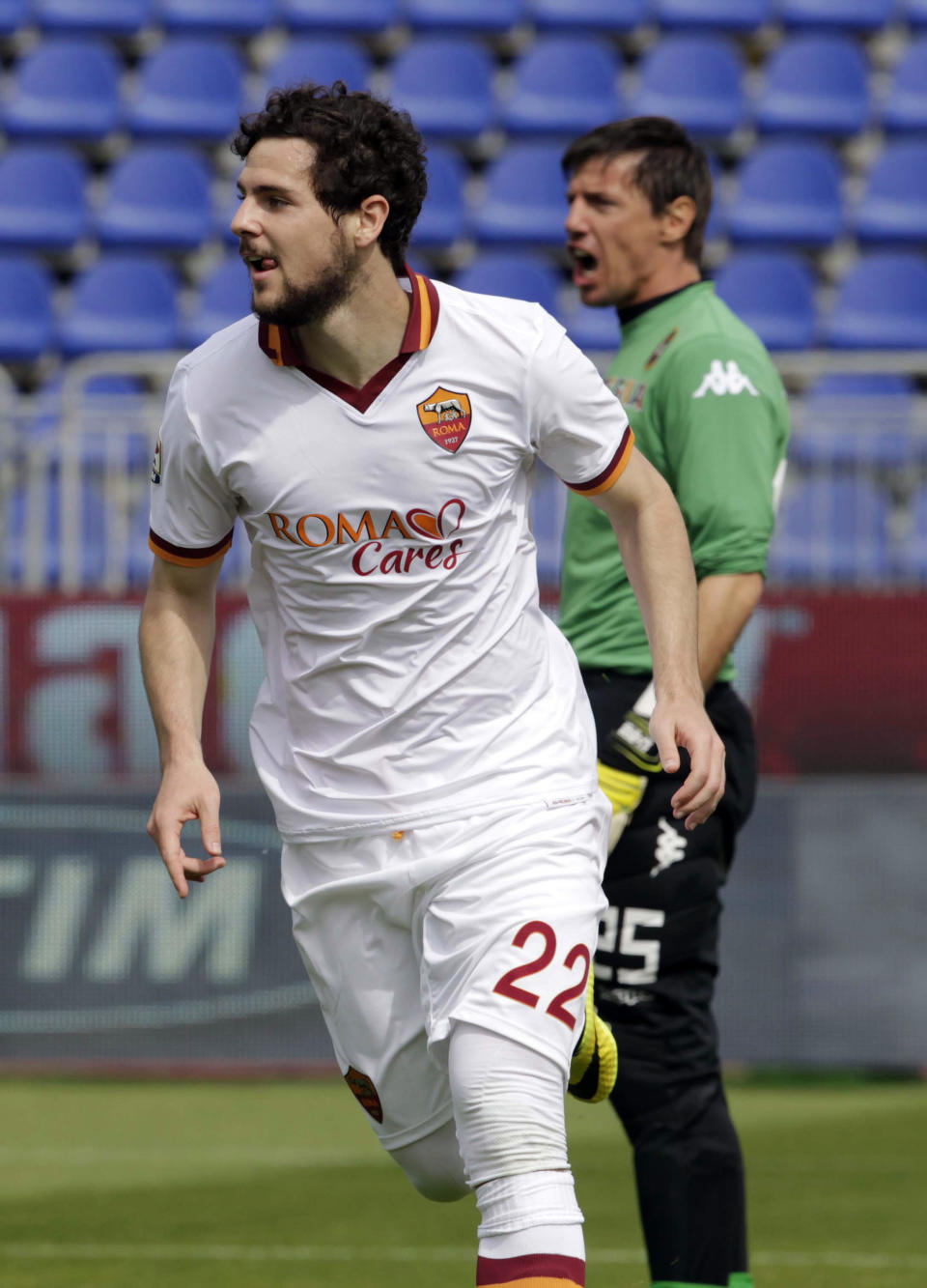 Roma's Mattia Destro celebrates after scoring during a Serie A soccer match between Cagliari and Roma in Cagliari, Italy, Sunday, April 6, 2014. (AP Photo/Daniela Santoni)