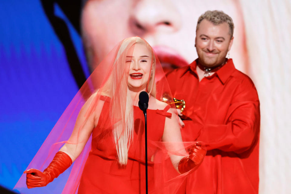 Kim Petras and Sam Smith accept the Grammy for Best Pop Duo/Group Performance for “Unholy” on Feb. 05, 2023<span class="copyright">Kevin Winter/Getty Images for The Recording Academy</span>