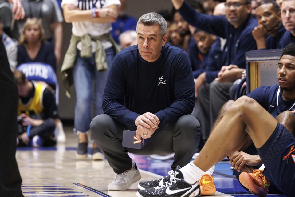 Virginia head coach Tony Bennett looks towards the court during the first half of an NCAA college basketball game against Duke in Durham, N.C., Saturday, Mar. 2, 2024. (AP Photo/Ben McKeown)