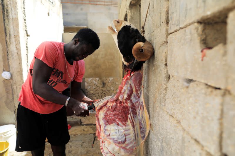FILE PHOTO: A Senegalese Muslim prepares a freshly slaughtered animal after a sacrificial ritual for the Eid al-Adha festival in Dakar
