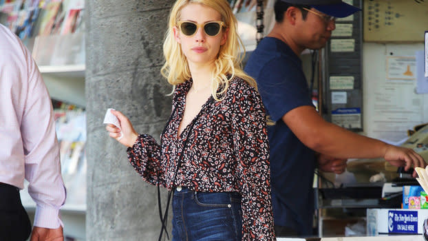 Emma Roberts Wears Denim Short Shorts and Floral Top in L.A.