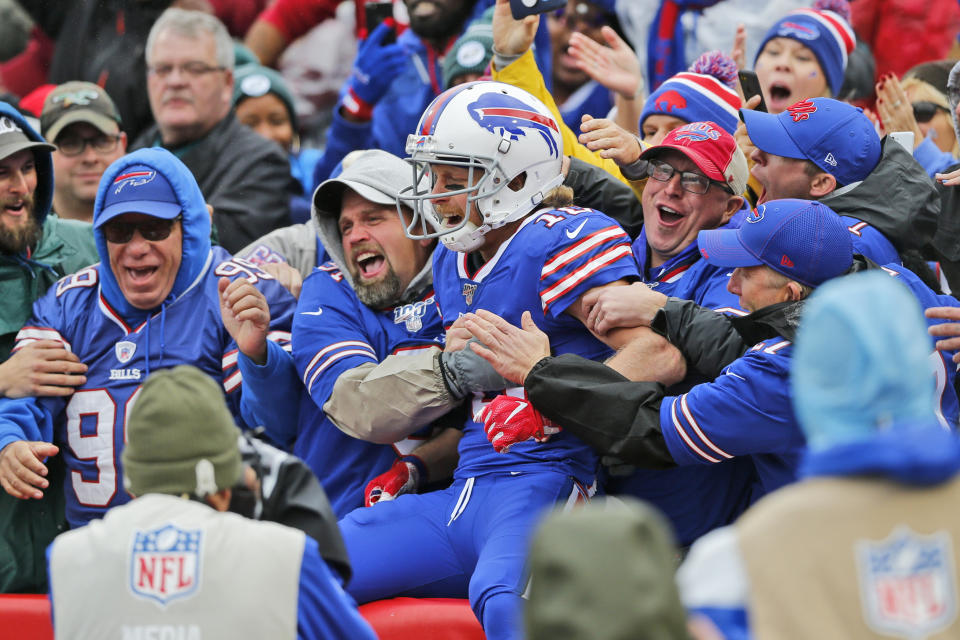 Buffalo Bills' Cole Beasley celebrates his touchdown with fans during the first half of an NFL football game against the Philadelphia Eagles, Sunday, Oct. 27, 2019, in Orchard Park, N.Y. (AP Photo/John Munson)